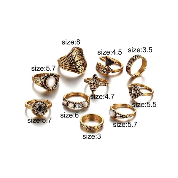 10 st/set Boho Kvinnor Retro Sol Fjäder Pil Carved Knuckle Midi Stacking Ringar Bronze