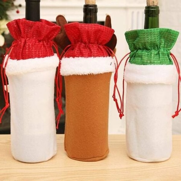 Pakke med julegaveposer til vinflasker med snøring, gjenbrukbare julegaveposer til vinflasker, julegaveposer med julenissen, reinsdyr og snømann