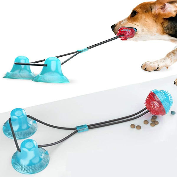 Hundtugg leksak med sugkopp Hundtugg leksak Husdjur tuggleksak Tpr tandborstboll Interaktiv valpträning rep Blå