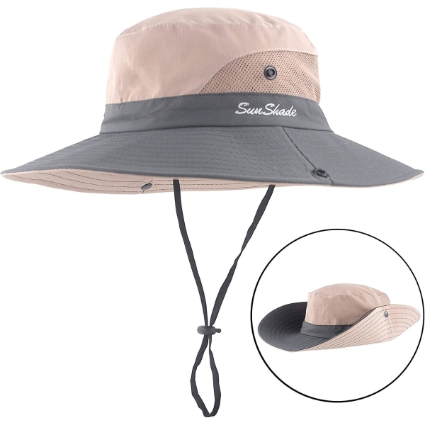 Sommerhatt for kvinner med bred brem, mesh, UV-beskyttelse og hull for hestehale