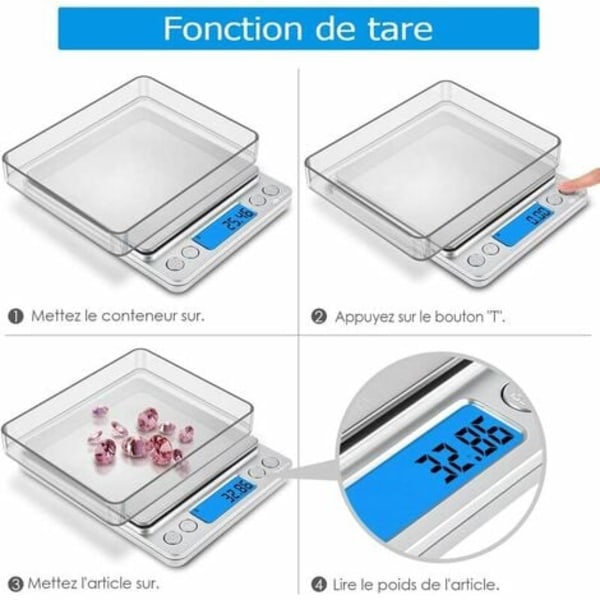 Presisjonsvekt, 500g/0,01g, 0,01g presisjonsvekt, kjøkkenvekt med tare- og tellefunksjon, bakgrunnsbelyst LCD-skjerm (Sil