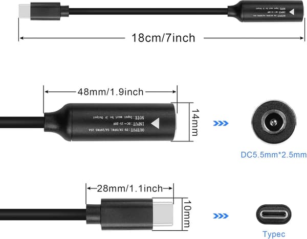 PD65W DC5525 ladekabel til USB-C DC 5.5mm x 2.5mm rundplugg til Type C bærbar strømkabel