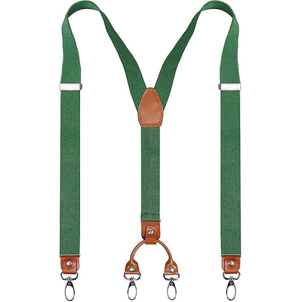 Slitstarka hängslen för män med 4 klämmor, äkta läderhållare, rygg, breda elastiska hängslen, för byxor Green
