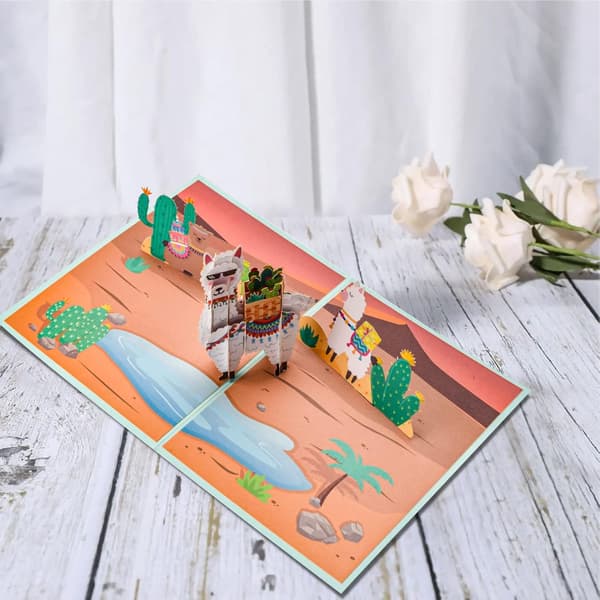 Alpacka med kaktus, 3D Pop-Up Julkort, med kuvert för