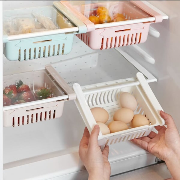 Indtrækkelig køleskabs skuffe arrangør, køleskab opbevaring arrangør holde ryddeligt hylde arrangør til grøntsager og frugter (2 stk) Pink),