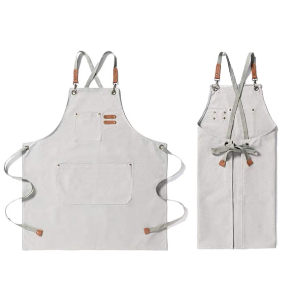 Tungt lerretsforkle, treskjæring, hagearbeid, denimstropp, bomullsbelte (off white),