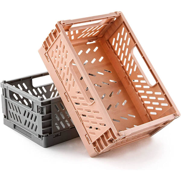 Set med 2 hopfällbara förvaringslådor i plast - solida förvaringslådor kompatibla med kök, sovrum, skrivbord (rosa + grå, 22 X 15 X 9 cm)