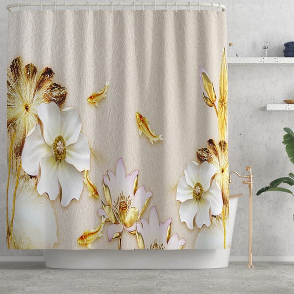 Firedelt sett med fire malte og trykte gulvmatter, preget plommeblomstfugl polyester dusjforheng, N01,