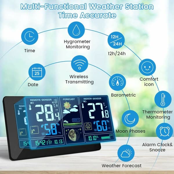 Trådløs sensor værstasjon DCF radiotermometer hygrometer barometer digital innendørs utendørs månefase LCD-skjerm