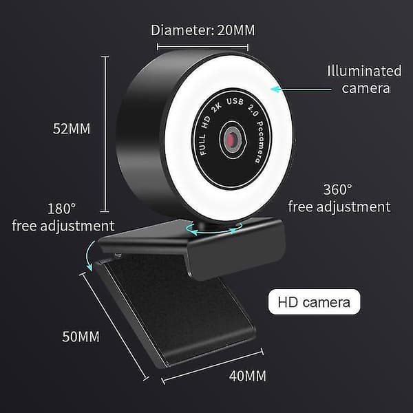 1080p /2k HD USB 2.0 Autofokus Webcam med mikrofon og LED-ringlys til stationær/bærbar computer
