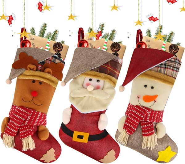 Julstrumpa, 46 cm Set med 3 Tomte, Snögubbe, Ren, 3D