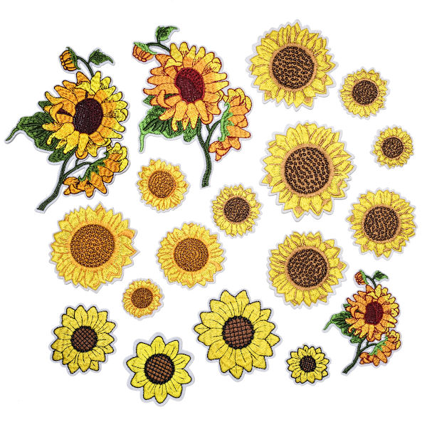 18 broderade solrospatchar, broderade applikationsdekaler
