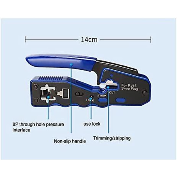 Rj45-krimpverktøysett med 50 Cat6 Gj670bl-kontakter og 50 Rj45-beskyttelsesdeksler for Cat6a Cat5e Cat5 23awg-kontakter og minikabelavstriper