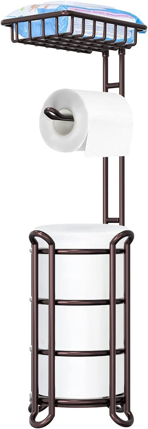 Fritstående toiletpapirholder med hylde til badeværelset til opbevaring af ekstra ruller - Bronze