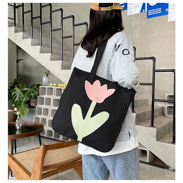 Mediumblommig Canvas Tote Bag för Universitetsstudenter, Blommiga Shopping Canvasväskor, Initialer Återanvändbara Väskor Svart