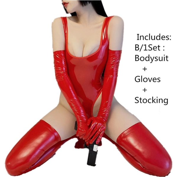 Svart Röd Sexig Underkläder Läder Bodysuit Underkläder Nallar Wetlook Latex Sensuell Erotisk Damkroppsoverall med handskar Strumpor Red B S-M