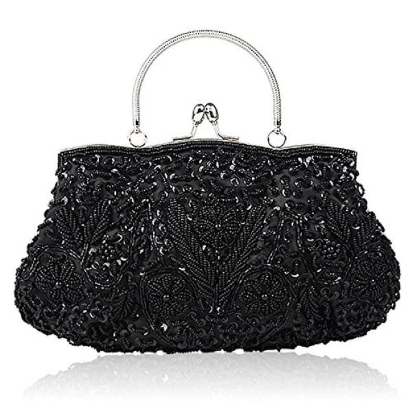 Perlebesat Sequin Blomster Aften Clutch Taske, Sort A916-410