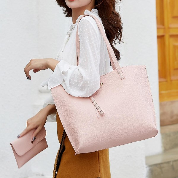 2 st Pu Läder Tote Väskor Handväska Satchel Stor Kapacitet Messenger Väskor Handväska För Kvinnor Rosa)