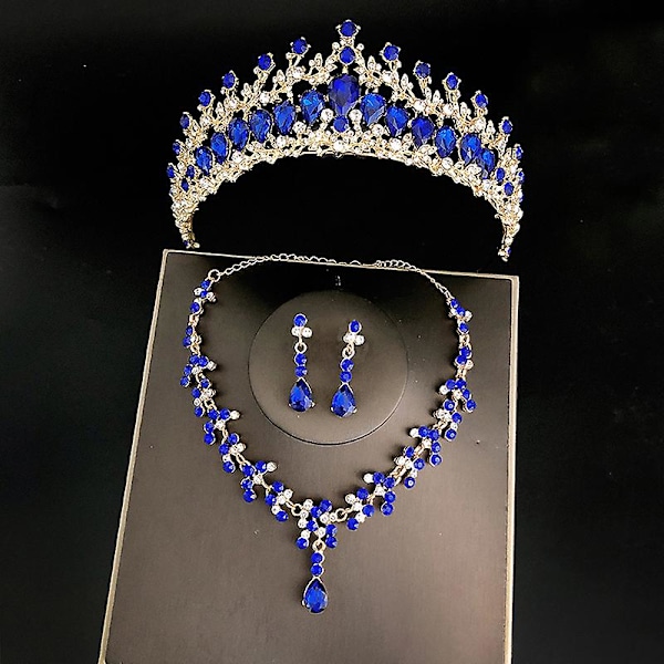 Bröllop Brud Tiaror Krona Set Med Örhänge Kit & Halsband Handgjorda Lyxiga Kristall Hårtillbehör Silver