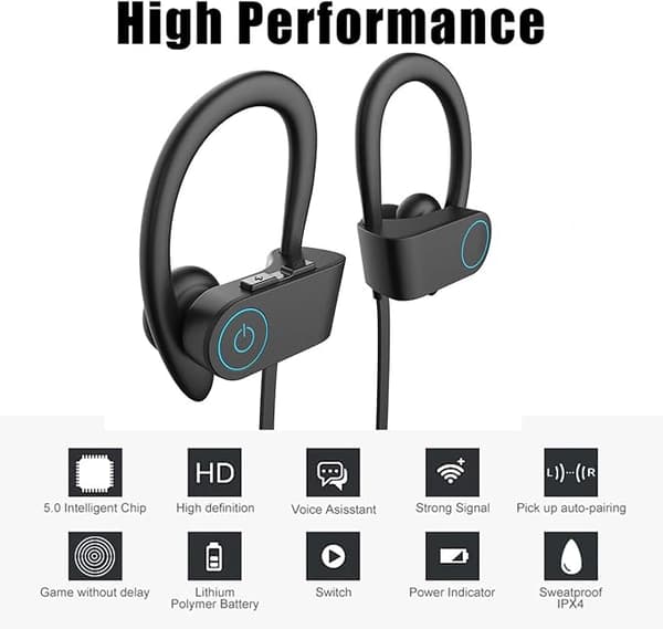 Blå Bluetooth-hörlurar, sportörhängen, IPX7