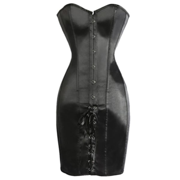 Steampunk-naiset kiiltävä PU-nahkainen Overbust pitkä korsetti mekko vyötärövalmentaja Bustiers Corselet Sexy Deep V-kaula lyhyt ulkoiluvaatteet Black Satin 4XL