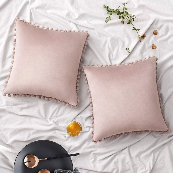 Set 2 samettia tyynynpäällistä Koristeellinen tyynyliina Pompom Pompom tyynytyyny Pehmeä ja kiinteä neliönmuotoisilla tyynyillä sohvalle Makuuhuoneen sohva 45x45cm 16 x16 Pink