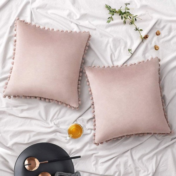 Sett med 2 fløyels putetrekk Dekorative putevar Pompom Pompom pute Puter Myke og solide med firkantede pomponer for sofa soverom sofa 45x45cm 20 x20 Pink