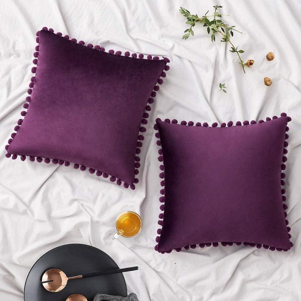 Set 2 samettia tyynynpäällistä Koristeellinen tyynyliina Pompom Pompom tyynytyyny Pehmeä ja kiinteä neliönmuotoisilla tyynyillä sohvalle Makuuhuoneen sohva 45x45cm 16 x16 Purple