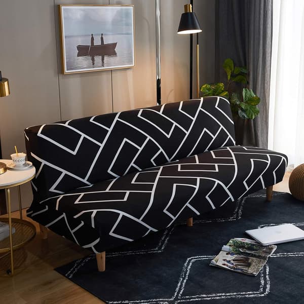 Armløs Sofabetræk Futon Betræk Strækbart Printet Elastisk Foldbart Sofabetræk Uden Armlæn Møbelbeskytter Vaskbart Betræk (Sort Hvid)