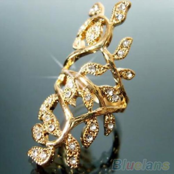 Kvinde Mode Skinnende Rhinestone Hul Blad Led Knogle Ring Smykker Golden