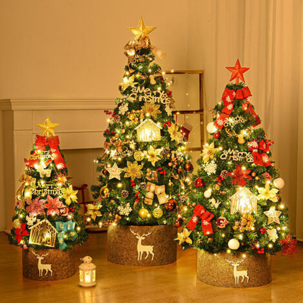 45 cm liten konstgjord julgran, liten julgran med LED-ljus, för högtider, julfester, röd och pinse