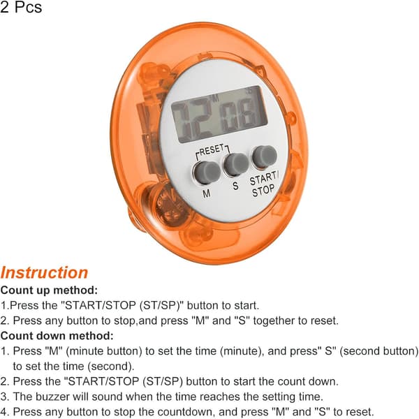 2 stk. (Orange) Rundt Digitalt Timer, Lille Nedtællings-/Optællingsur