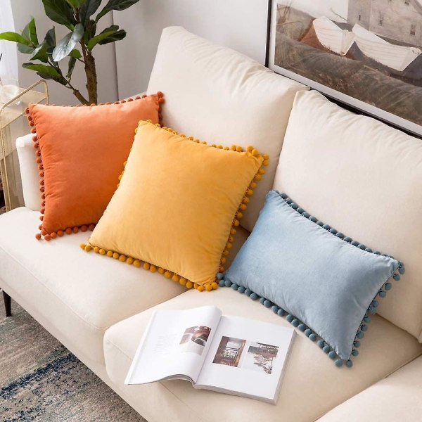 2-pack sammetskuddfodral med pompom dekorativa örngott enfärgade mjuka kuddfodral med poms fyrkantiga för soffa sovrum bil 18x18 tum Da 24 x24 Orange