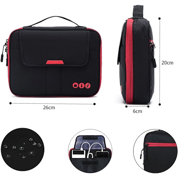 Universell reseväska för kabelorganisering, elektroniktillbehör, för 9,7 tums iPad, Kindle, nätadapter Black and Red