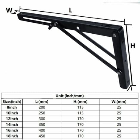 2 stk. Foldbare Hyldebeslag 200mm Foldbart Beslag Væghylde Heavy Duty Foldbart Beslag Sort Foldbart Konsolbeslag