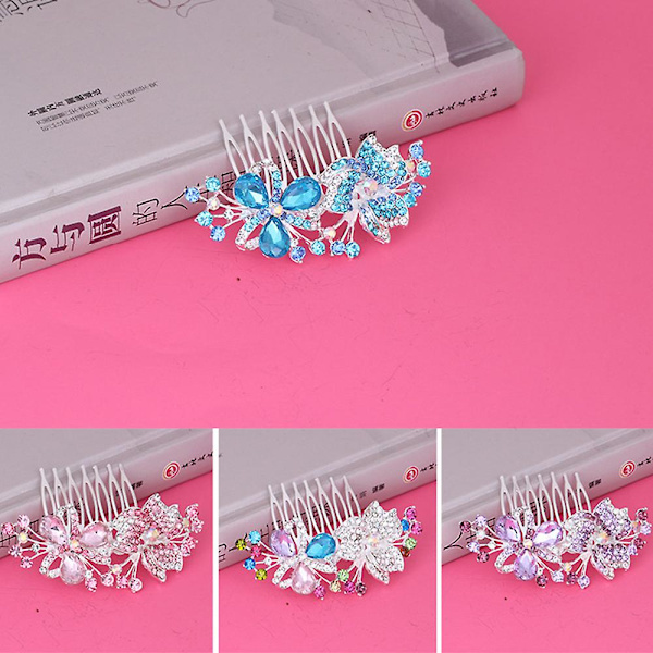 Indlagt Rhinestone Damehårkam Butterfly Insert Kam Brude Hårnål Blue D