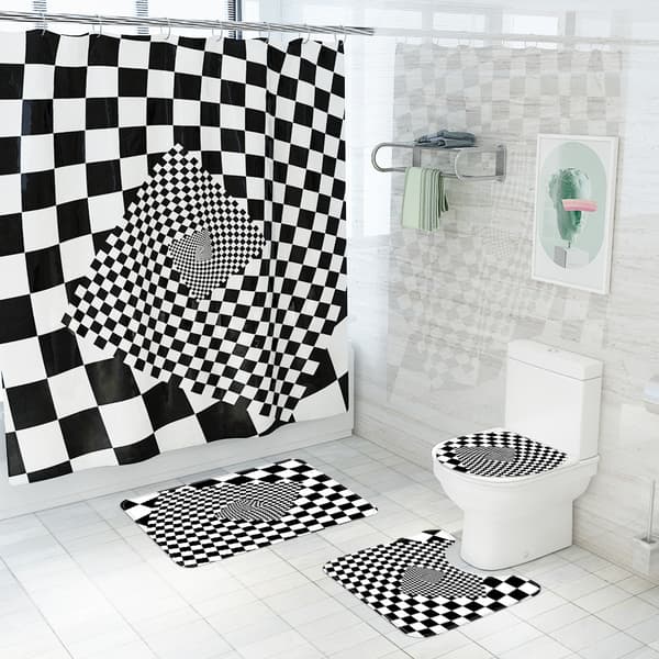Klassisk ternet trykt bruseforhæng toilets gulvmåtte bruseforhæng firedelt sæt, A04,