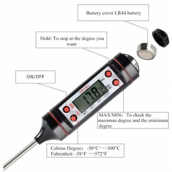 Flydende BBQ-sondetermometer, elektronisk digitalt køkkentermometer til madlavning, sort (-50℃～300℃)
