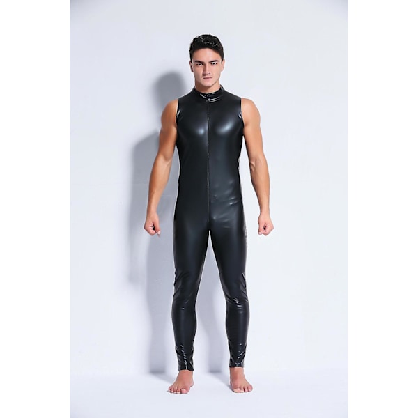 Sexig herr våtlook latex catsuit konstläder tvåvägs lång dragkedja gren body nattklubb DS jumpsuit underkläder kostym Black-B M
