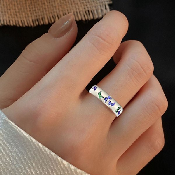 Glansfuld Kvinde Ring Butterfly Mønster Rustfrit Elegant Blandet Farve Dame Finger Ring Til Bryllup Blue US 9