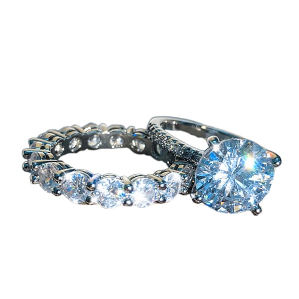 2pcs Rhinestone Inlaid Engagement Couple Rings Set Valentine Day Jewelry Gift