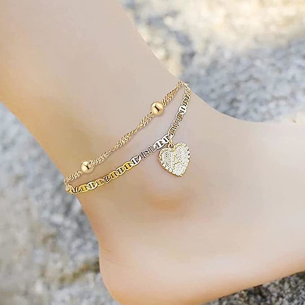 Anklet Bracelet With Heart Pendant Letter Carved 2-layer Alloy Wrist Ankle Chain