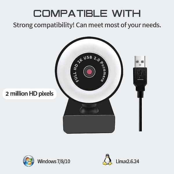 1080p /2k HD USB 2.0 Autofokus webkamera med mikrofon og LED-ringlys for stasjonær / bærbar PC