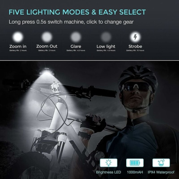 1000 Lumen USB Laddningsbart Cykellampa Set, 3 LED Cykelhuvudlampa Super Ljus Huvudlampa IPX5 Vattentät Cykling Säkerhet Fl