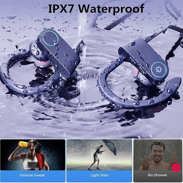 Blå Bluetooth-hörlurar, sportörhängen, IPX7