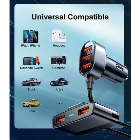 5 multi-port billadere, smarttelefon billader, multi-USB billader med 1,5 m kabel