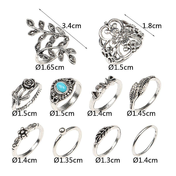 10 st Kvinnors Retro Rosor Carvad Falsk Turkos Stacking Fingerring Smycken Present