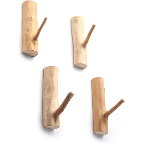 Väggkrokar med trägren, vägghängda träkrokar, rustika dekorativa självhäftande krokar, nyckelhållare, handdukshängare, 4-pack (bredd 2,5 cm-3 cm)