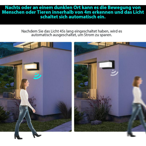 LED-vägglampa 18W LED-sensor IP65 Utomhusbelysning med rörelsesensor Patio Trädgård Varmvit-Svart