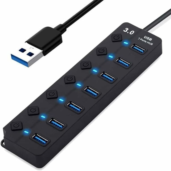 USB-hub, 7-porters USB 3.0-hub, USB-data multiport-hub-splitter med individuelle av/på-brytere, USB-forlengelse for MacBook